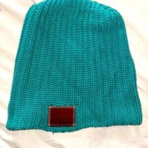 Teal Knit Beanie with Leather Patch 100% thick cable knit cotton hat skully cap